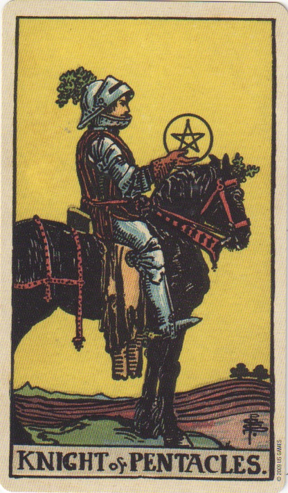 The Knight of Pentacles sits on his horse, facing to the right.  He holds a gold pentacle in his right hand, he wears a red glove and full armour.