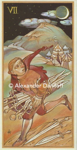 7 of Swords.  A young man runs away from an army encampment holding five swords with two swords falling at his feet.