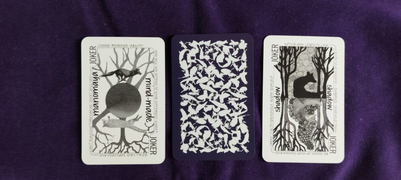 The two joker cards showing foxes and the card back from The Cards: Being Human