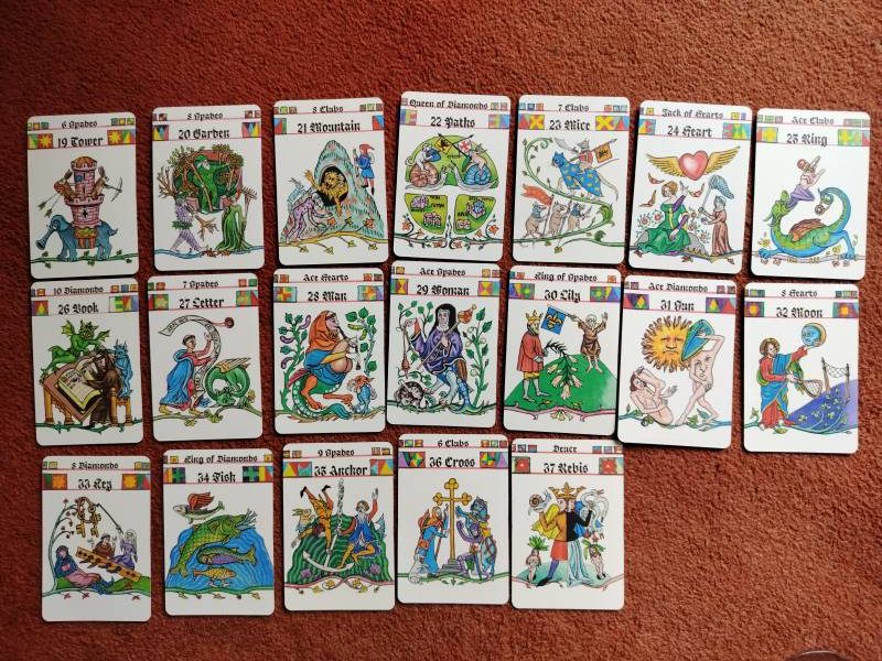 Cards 16 to 37 from the Marginal Lenormand, published by Red Feather